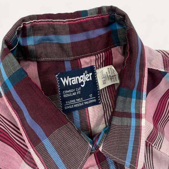 Wrangler Pink  Red Pink Plaid Snap Button Vintage Western Cowboy Shirt Men's XL - Picture 3 of 6